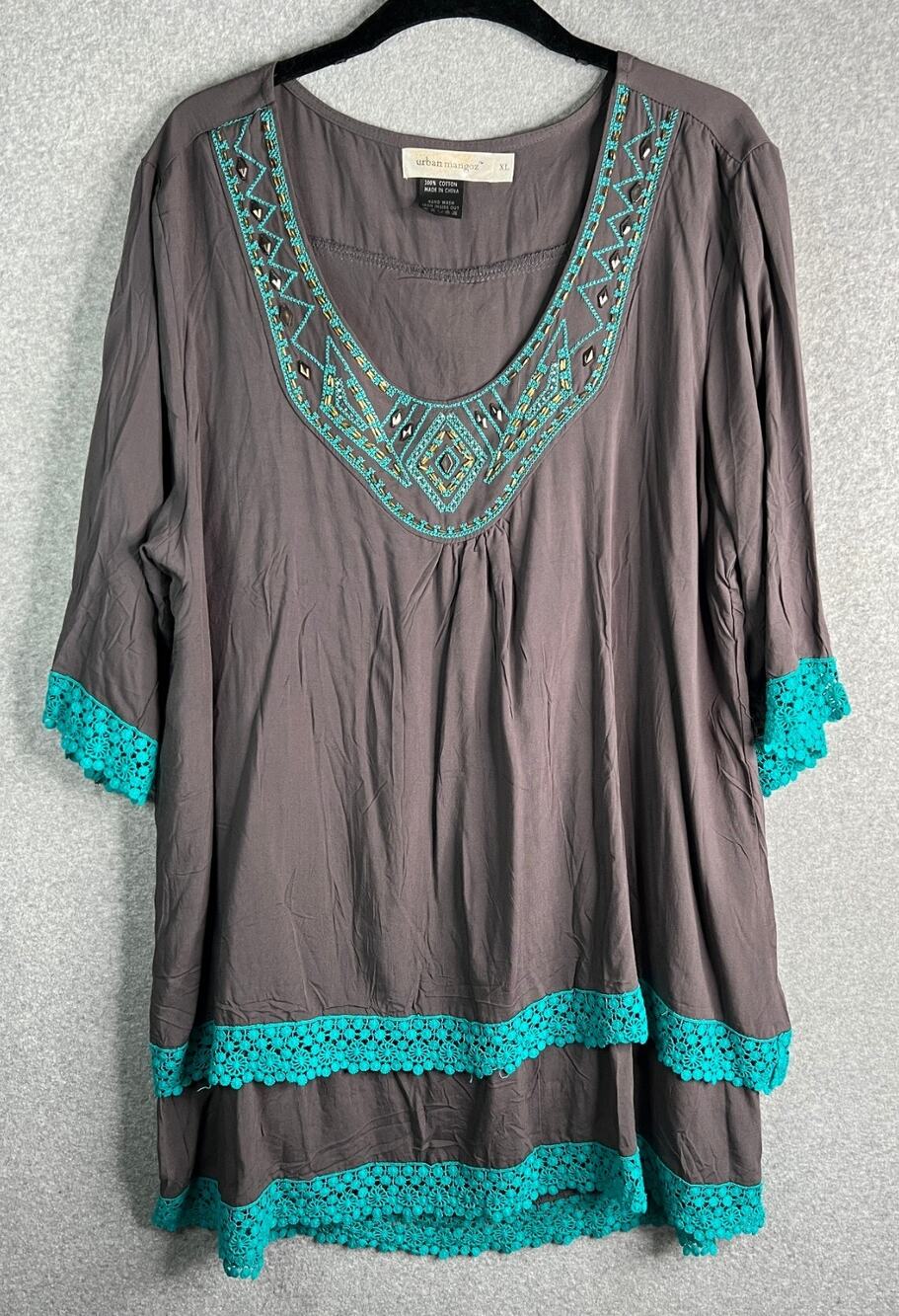 Urban Mangoz XL Boho Tunic Top Cotton Aztec Embroidery Turquoise Crochet Lace